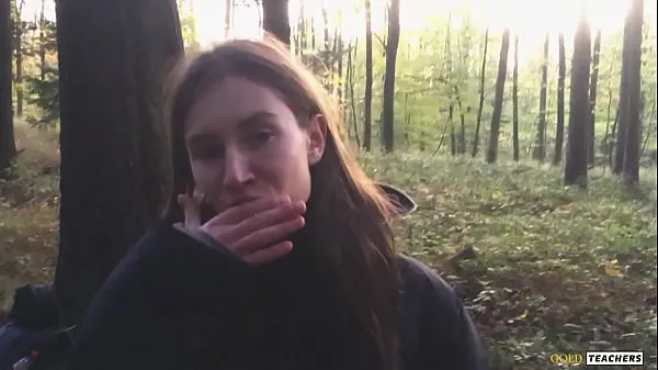 Big Young shy Russian girl gives a blowjob in a German forest and swallow sperm in POV (first homemade porn from family archive best Clips