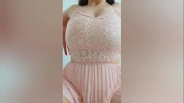 Big Young cutie in pink dress playing with her big tits in front of the camera - DepravedMinx best Clips